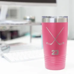 Hockey 20 Oz. Double Insulated Tumbler - Personalized Crossed Sticks -Sport Play Mode hk 04711 PINK DESK