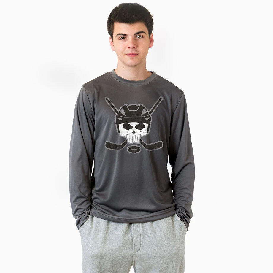 Hockey Long Sleeve Performance Tee - Hockey Helmet Skull 2 Hockey Long Sleeve Performance Tee - Hockey Helmet Skull - Image 2