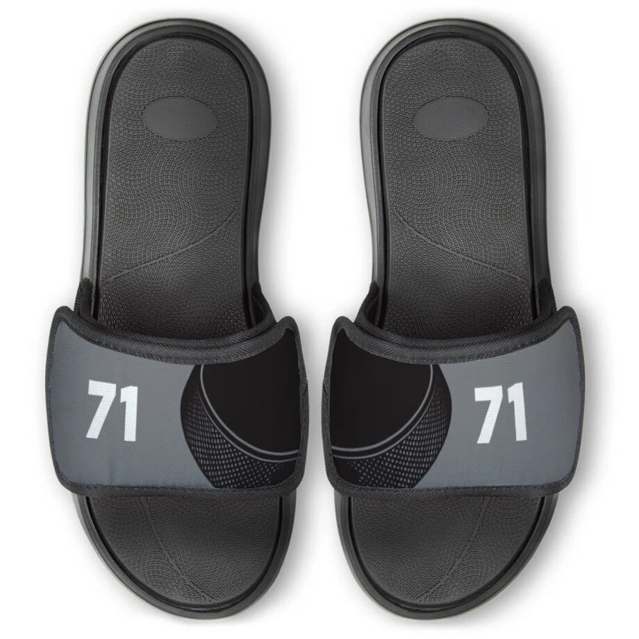 Hockey Repwell® Slide Sandals - Puck And Number Reflected 1 Hockey Repwell® Slide Sandals - Puck And Number Reflected