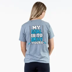 Hockey Short Sleeve T-Shirt - My Goal Is To Deny Yours Hockey (Blue/Black) (Back Design) 6 Hockey Short Sleeve T-Shirt - My Goal Is To Deny Yours Hockey (Blue/Black) (Back Design) -Sport Play Mode hk 06801 GRAY FEMALE BACK