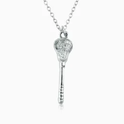 Silver Lacrosse Stick Pendant Necklace With Cubic Zirconia-1 1/4 " Stick