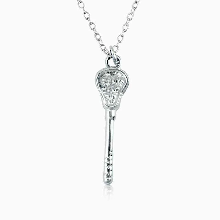 Silver Lacrosse Stick Pendant Necklace With Cubic Zirconia-1 1/4 " Stick 1 Silver Lacrosse Stick Pendant Necklace With Cubic Zirconia-1 1/4 " Stick
