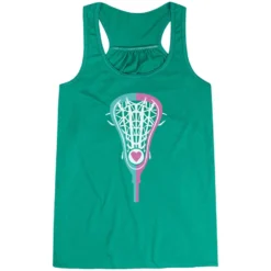 Girls Lacrosse Flowy Racerback Tank Top - Lacrosse Stick Heart Pink Teal White