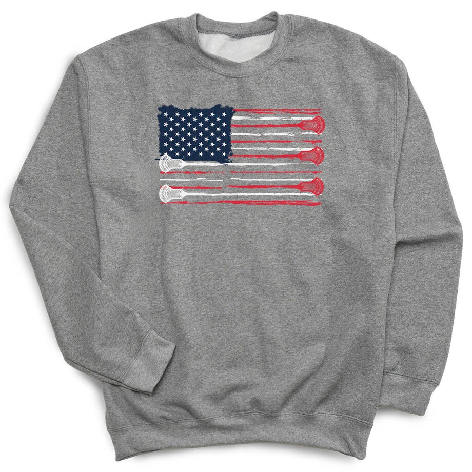 Guys Lacrosse Crewneck Sweatshirt - American Flag 1 Guys Lacrosse Crewneck Sweatshirt - American Flag