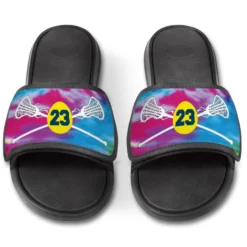 Girls Lacrosse Repwell® Slide Sandals - Personalized Tie-Dye Pattern With Lacrosse Sticks -Sport Play Mode lx 11315 FRONT