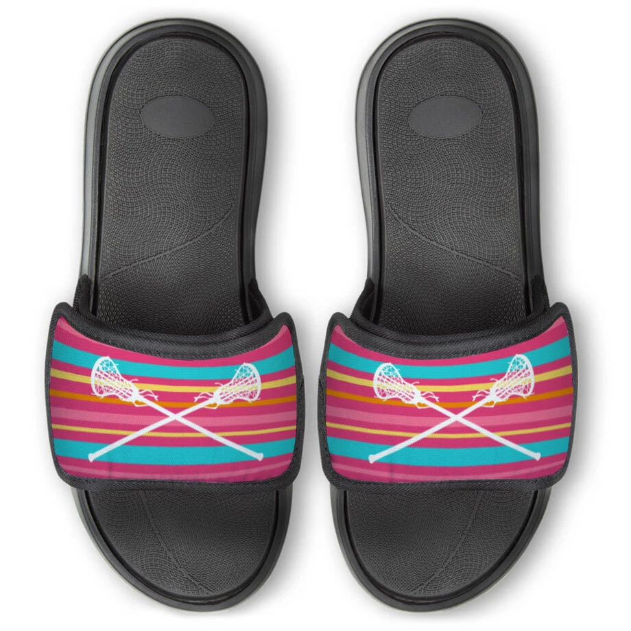 Girls Lacrosse Repwell® Slide Sandals - Crossed Sticks With Stripes 1 Girls Lacrosse Repwell® Slide Sandals - Crossed Sticks With Stripes