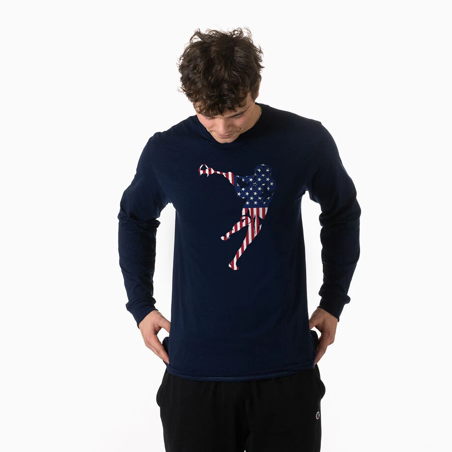 Guys Lacrosse Tshirt Long Sleeve - American Flag Silhouette 2 Guys Lacrosse Tshirt Long Sleeve - American Flag Silhouette - Image 2