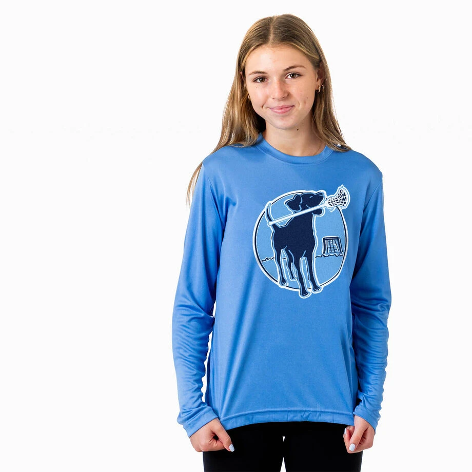 Girls Lacrosse Long Sleeve Performance Tee - Watercolor Lacrosse Dog With Girl Stick 2 Girls Lacrosse Long Sleeve Performance Tee - Watercolor Lacrosse Dog With Girl Stick - Image 2