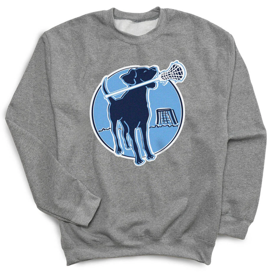 Girls Lacrosse Crewneck Sweatshirt - Watercolor Lacrosse Dog With Girl Stick 1 Girls Lacrosse Crewneck Sweatshirt - Watercolor Lacrosse Dog With Girl Stick