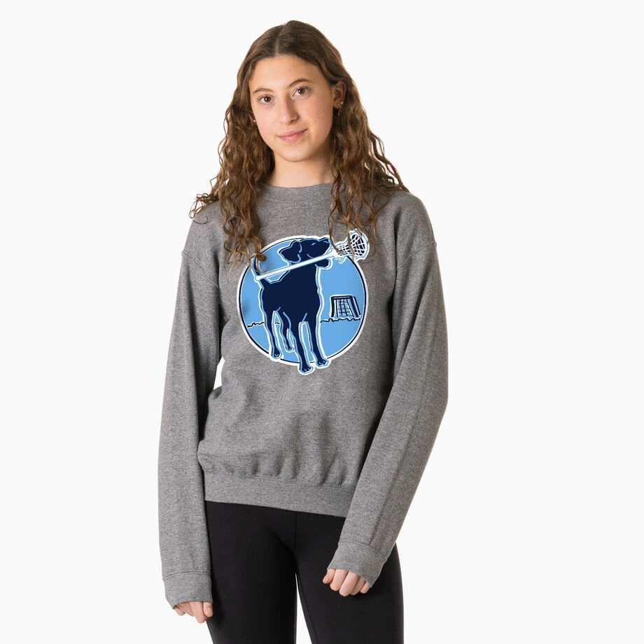 Girls Lacrosse Crewneck Sweatshirt - Watercolor Lacrosse Dog With Girl Stick 2 Girls Lacrosse Crewneck Sweatshirt - Watercolor Lacrosse Dog With Girl Stick - Image 2